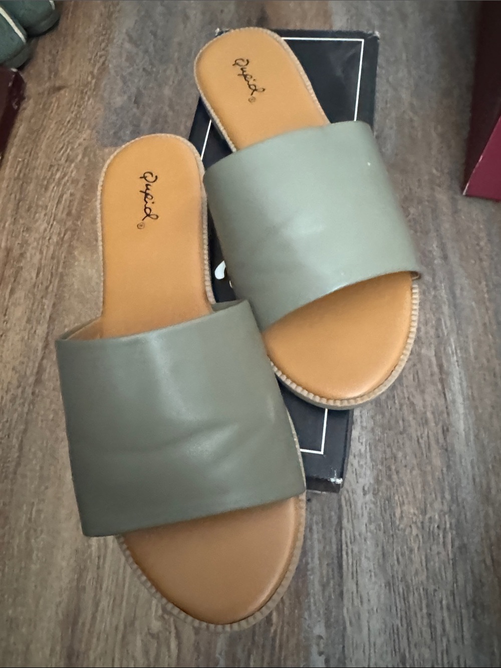 Qupid Olive Green Slide Sandals with Tan Footbed